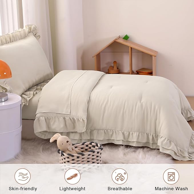 Wowelife Toddler Comforter Set for Girls, Pale Beige Toddler Bedding Set, 4 Pieces Double Ruffles Soft and Breathable Bed Set Includes Comforter, Fitted Sheet, Flat Top Sheet and Pillowcase