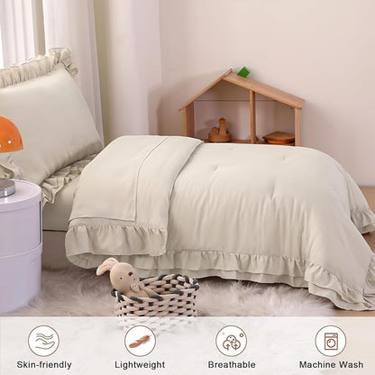Wowelife Toddler Comforter Set for Girls, Pale Beige Toddler Bedding Set, 4 Pieces Double Ruffles Soft and Breathable Bed Set Includes Comforter, Fitted Sheet, Flat Top Sheet and Pillowcase