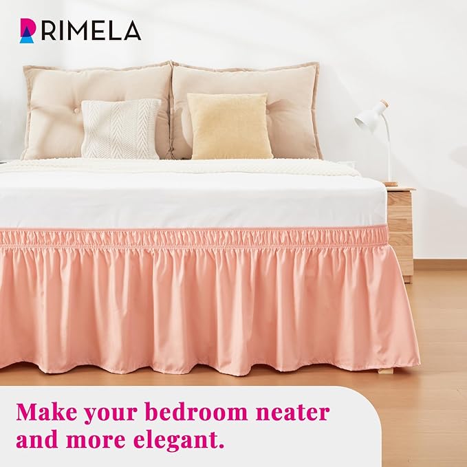 RIMELA Peachy Coral Bed Skirt King Size 18 Inch Drop, Elastic Bed Skirting for Bed Base and Frame, Bedding Dust Ruffle Easy to Install, Wrap Around Adjustable Bedskirt