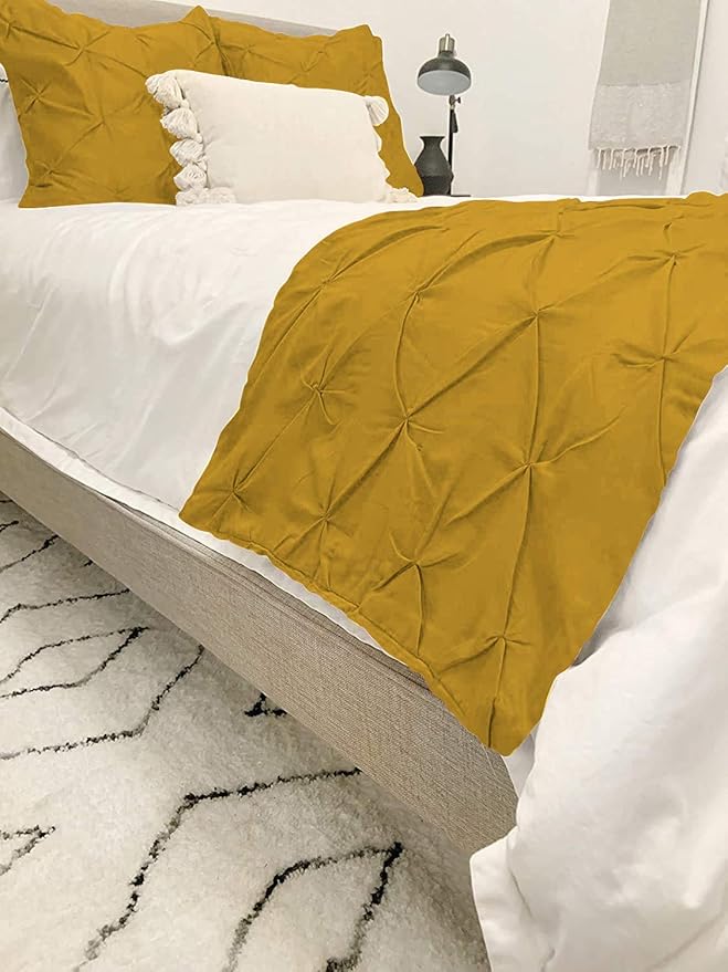 Bed Runner Set - 100% Pure Cotton 800 Thread Count - Luxury 1 Pinch Pleated Bed Runner and 2 Pillow Cover - 3 Piece Pinch Pleated Bed Runner Set King, Gold