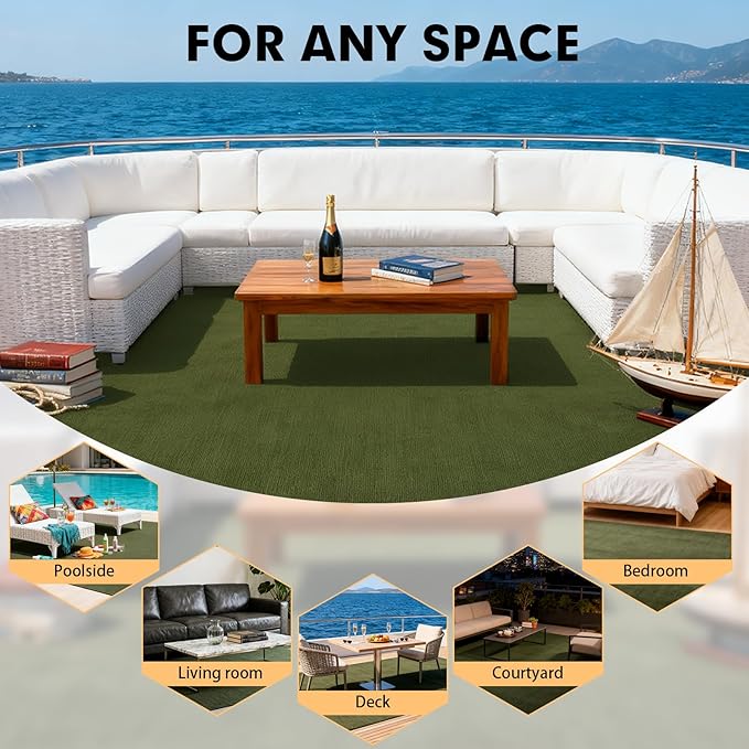 Marine Carpet,6 FT x 10 FT Olive Green Indoor Outdoor Carpet 0.2" Thick with Water-Proof TPE Backing, Non-Slide for Home, Patio, Porch, Deck