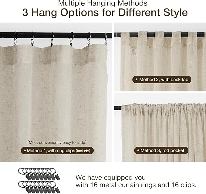 Anmao Natural Linen Curtains for Living Room 84 Inch Length 2 Panels Set, Light Filtering Semi Sheer Window Curtain Drapes for Bedroom with Curtain Rings and Clips, 52 Inch Wide Each Panel, Linen