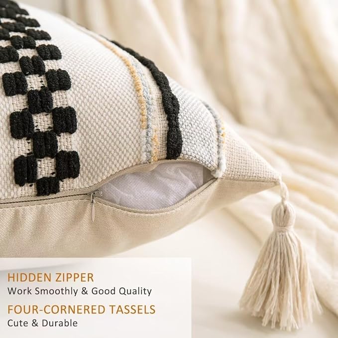 Boho Throw Pillow Covers 18x18 Set of 2 Woven Tufted Farmhouse Pillows Cover with Tassels Textured Striped Cushion Case Neutral Pillow Cases Decorative Pillowcase for Sofa Couch Bed,Black