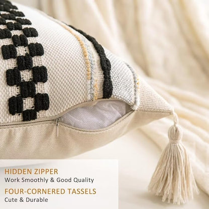 Boho Throw Pillow Covers 18x18 Set of 2 Woven Tufted Farmhouse Pillows Cover with Tassels Textured Striped Cushion Case Neutral Pillow Cases Decorative Pillowcase for Sofa Couch Bed,Black