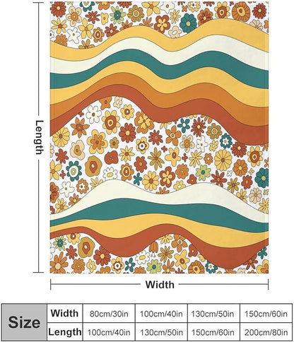 70s Retro Floral Throw Blanket, Boho Groovy Wavy Geometric Hippie Cute Flowers Yellow Orange Abstract Print Blanket for Holiday Theme Home Decor Bedding Couch and Gift 40"x50"