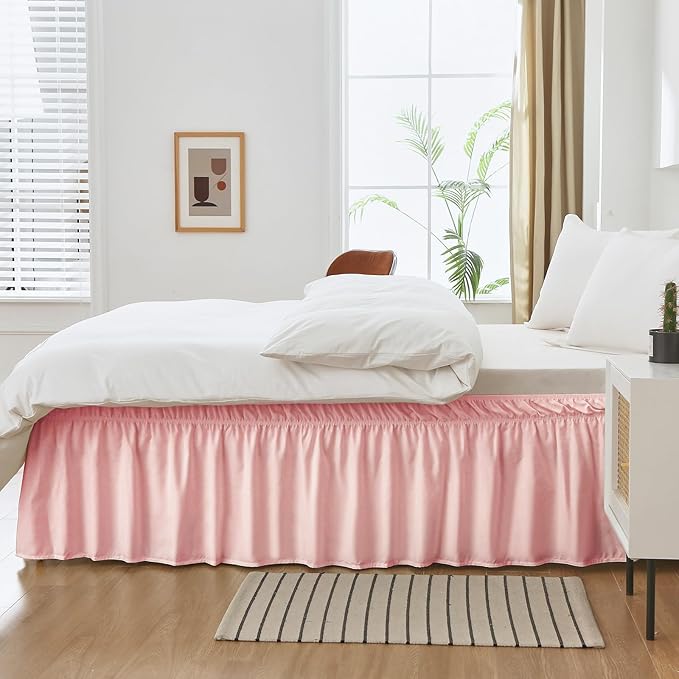 MEILA Wrap Around Bed Skirt Three Fabric Sides Elastic Dust Ruffled 14 Inch Tailored Drop,Easy to Install Fade Resistant-Pink, Twin/Full