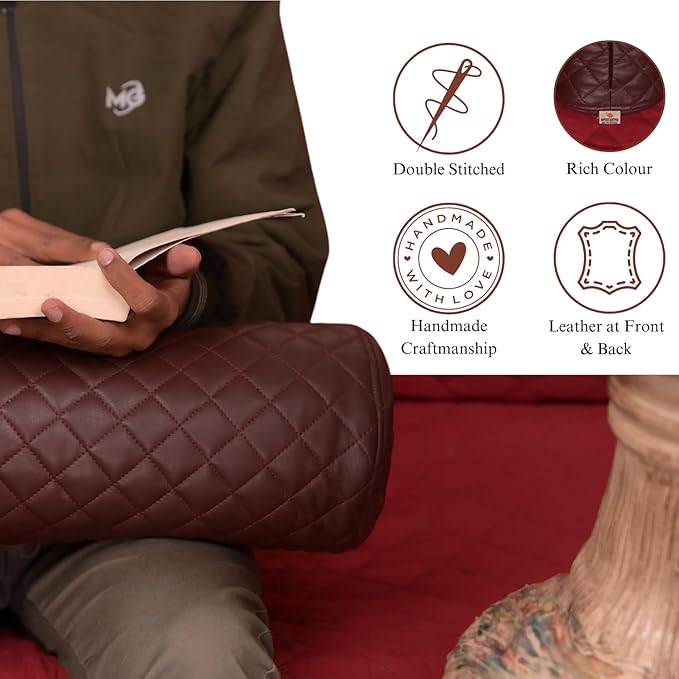 Neck Roll Pillow Cushion Cover, 18x6 Inch Full Moon Round Bolster Pillow Case, Cylinder Soft Lambskin Leather Pillowcase for Head, Spine & Neck Support During Sleep - Quilted Dark Brown Pack of 1