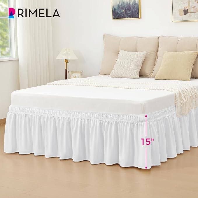 RIMELA Bed Skirt Twin Size Moon White 15 Inch Drop, Wrap Around Elastic Bedskirt, Dust Ruffle for Adjustable Bed Base Soft Durable Fabric Machine Washable Easy to Install Bed Skirts