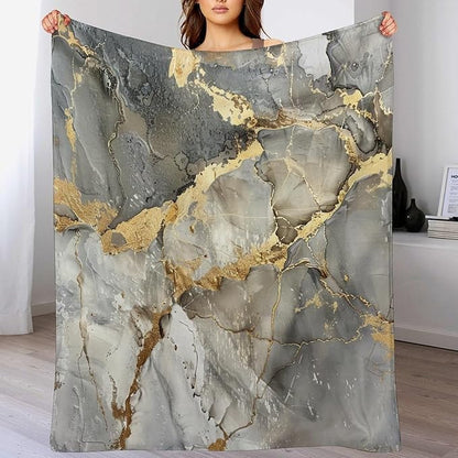 Modern Marble Blanket, Abstract Luxury Baroque Gold Grey Gradient Stone Veins Pattern Soft Warm Cozy Plush Flannel Covers for Livingroom Bedroom Couch Chair Camping Travel Home Decor Tapestry 50x60in