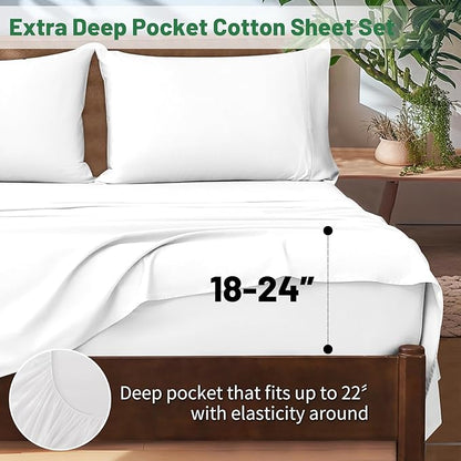 Extra Deep Pocket King Sheets 18-24 Inch 100% Egyptian Cotton 1000 Thread Count Sateen Weave Soft Breathable 4 Pieces（King，White）