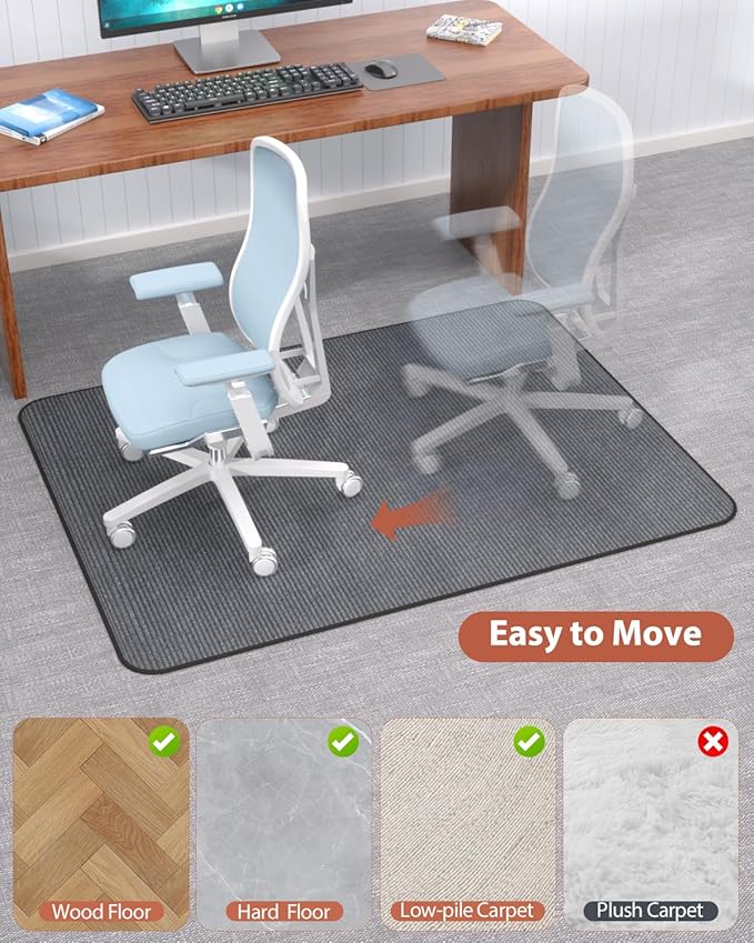 Blvornl Office Chair Mat for Hardwood Floor and Low Pile Carpet, 35.5" x 47.2" Corduroy Surface Desk Rolling Chair Mat for Hard Floors, Heavy Duty Carpeted Floor Protector Rug for Home, Dark Grey