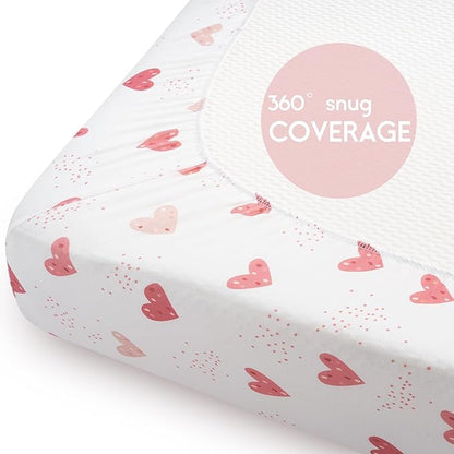 Yoofoss Pack and Play Sheets Fitted, Mini Crib Sheets 2-Pack for Pack N Play Mattress, Stretchy Playard Sheet, Soft and Breathable Pink+Love