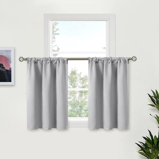 BGment Short Kitchen Window Curtains Over Sink 30 Inches Long - Cafe Drapes with Rod Pocket Blackout Blinds Privacy for Rv Camper Bathroom Windows, Light Grey, 2 Panels, 34 x 30 Inch