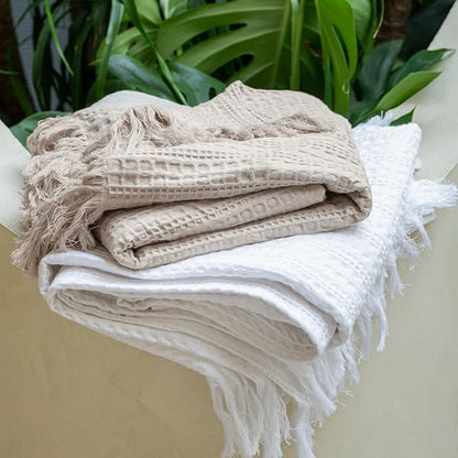 100% Cotton Waffle King Blanket with Fringe 104"x90", Pre-Washed Waffle Weave Blanket for All Season, Lightweight Breathable Soft Cozy Throw Blanket for Couch, Bed, Travel (Beige)