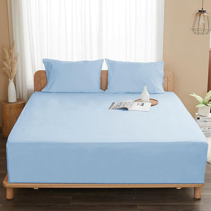 Sunflower Queen Fitted Sheet, 1-Piece Deep Pocket Fitted Bottom Sheet 16", 100% Cotton Sateen Soft Breathable, Powder Blue