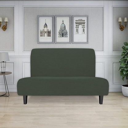 Easy-Going Stretch Futon Slipcover Armless Futon Bed Cover Furniture Protector Without Armrests with Elastic Bottom for Kids, Soft Jacquard Fabric Small Checks (Medium, Olive Green)
