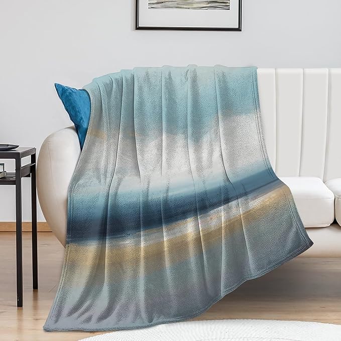 Fashion Gradient Blanket, Modern Art Abstract Blue Sea View Painting Strokes Pattern Soft Warm Cozy Plush Flannel Covers for Livingroom Bedroom Couch Chair Camping Travel Home Decor Tapestry 40x50in