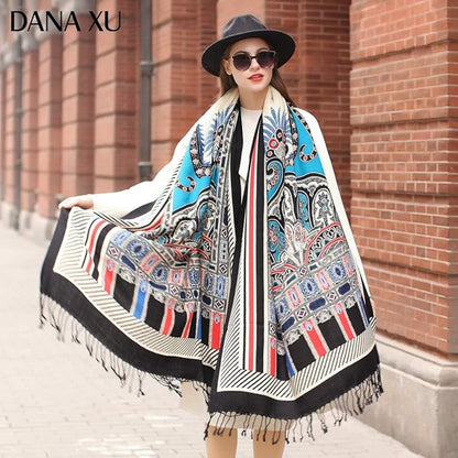 DANA XU 100% Merino Wool Pashmina Shawl for Women 96"x43", Oversized Cashmere Wrap with Tassels, Floral Travel Blanket Cape