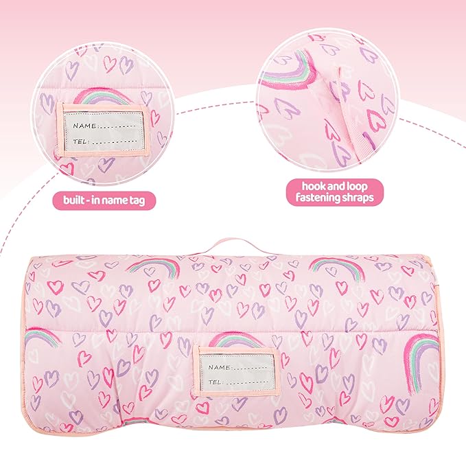 Viviland Toddler Kid Nap Mat for Preschool, Girls Pink Rainbow Slumber Bag, Daycare Sleeping Bag with Pillow and Blanket, Kindergarten Sleep Mat