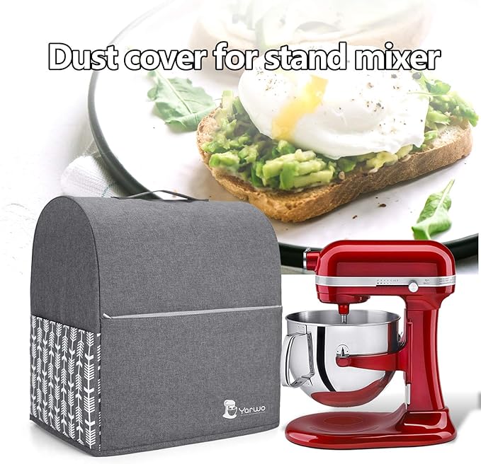 Yarwo Stand Mixer Cover Compatible with 6-8 Quart KitchenAid Mixer, Protective Dust Cover with Top Handle and Pockets for Accessories, Gray with Arrow