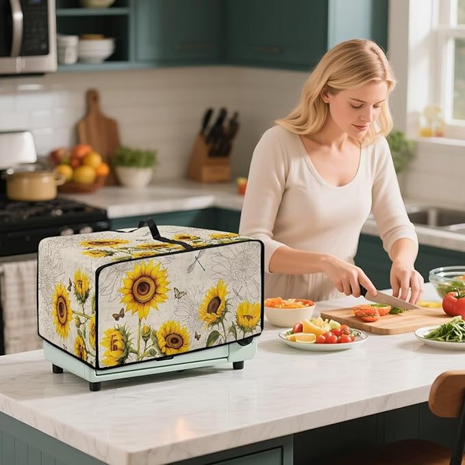 Microwave Oven Dust Cover Waterproof Toaster Oven Cover with Top Handle Dust-Proof Kitchen Appliance Protector Dirt and Fingerprint Protection, Sunflower Dragonfly Butterfly Letter Print, M