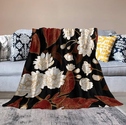 Red Gold Floral Blanket, Boho Dark Flower Leaves Chinese Plum Blossoms Botanical Vintage Throw Blanket for Bed Living Room Bedding Couch Soft Lightweight Warm Cozy Decor, 40"x50"