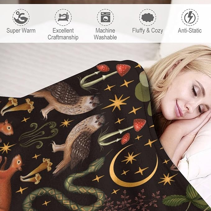 Rustic Forest Throw Blanket, Fairy Tale Forest Land Wild Animals Moths Flowers Moon Star Soft Flannal Blanket for Adult Kids Bed Couch Sofa, 50"x60"