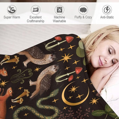 Rustic Forest Throw Blanket, Fairy Tale Forest Land Wild Animals Moths Flowers Moon Star Soft Flannal Blanket for Adult Kids Bed Couch Sofa, 50"x60"