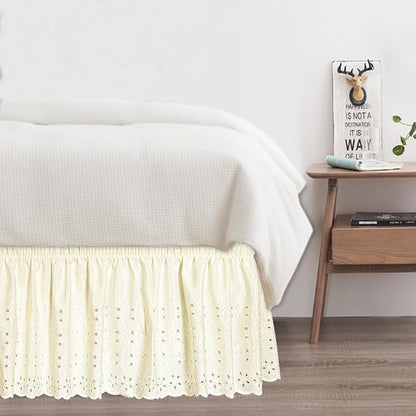 Queen Bed Skirt, Wrap-Around Elastic Ruffled Eyelet Bed Skirt Queen Size Dust Ruffle with Gathered Styling and Embroidered Details, 14" Drop Length (Light Yellow)