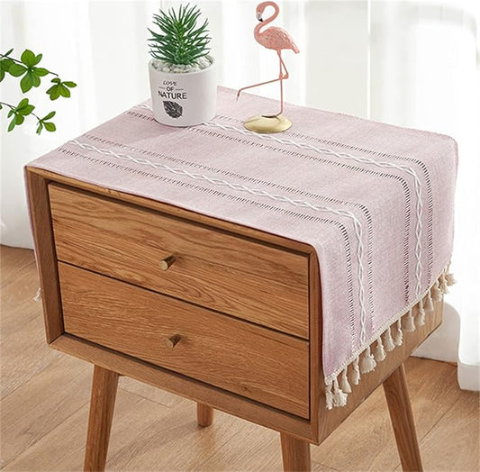 Simple Bedside Table Tassel Cover Cloth, Tablecloth Cover Towel, Suitable for Bedside Table TV Microwave Washing Machine Refrigerator Dust Cover (Pink, 15.7 * 35.4 inches)