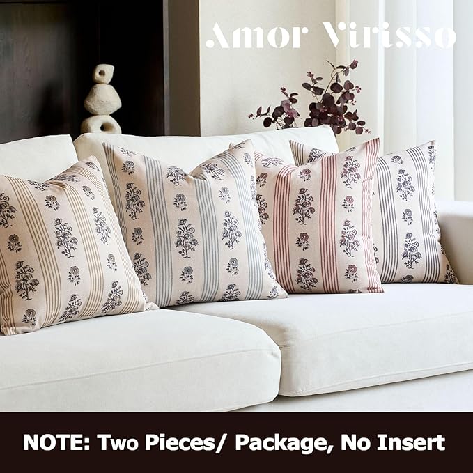 Amor Virisso Floral Throw Pillow Covers 22x22 Set of 2 Block Print Pillow Covers Neutral Floral Striped Farmhouse Decorative Pillow Covers for Sofa Couch Bed, Light Blue