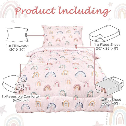 Toddler Bedding Set for Girls, 4 Piece Toddler Girl Bedding Set, Super Soft & Lightweight Pink Toddler Comforter Set Includes Comforter, Flat Sheet, Fitted Sheet, Pillowcase (Rainbow)