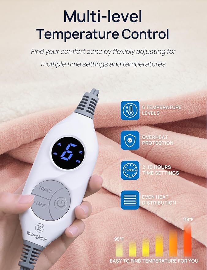 Westinghouse Electric Blanket with Foot Pocket for Adults, Ultra Soft Flannel to Sherpa Heated Throw with 6 Heating Levels & 2-10 Hours Time Settings, Fast Heating & Machine Washable, 50x62, Pink