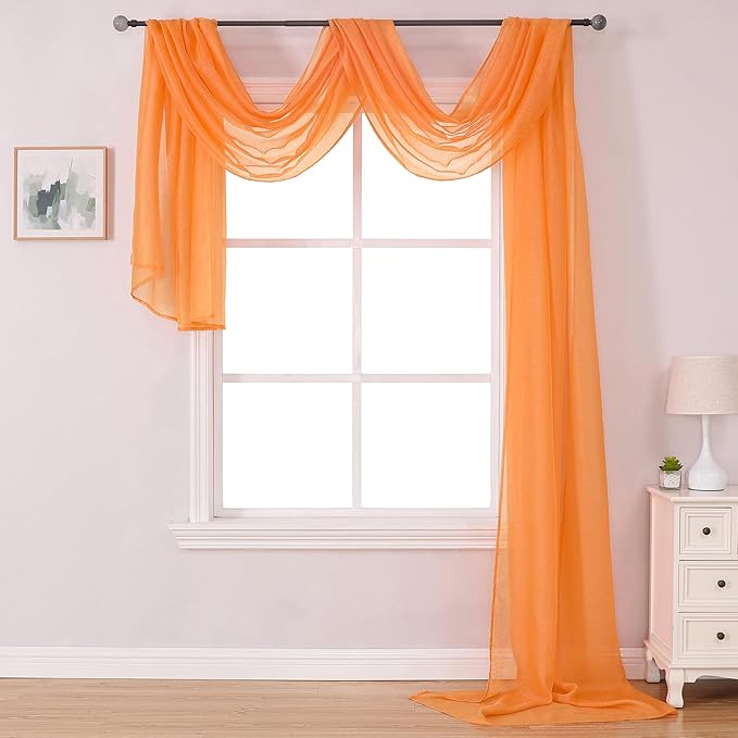 DONREN Coral Orange Window Scarf for Background - Luxury Soft Decoration Semi Sheer Scarf for Party Wedding (1 Pack,52 W x 216 L)