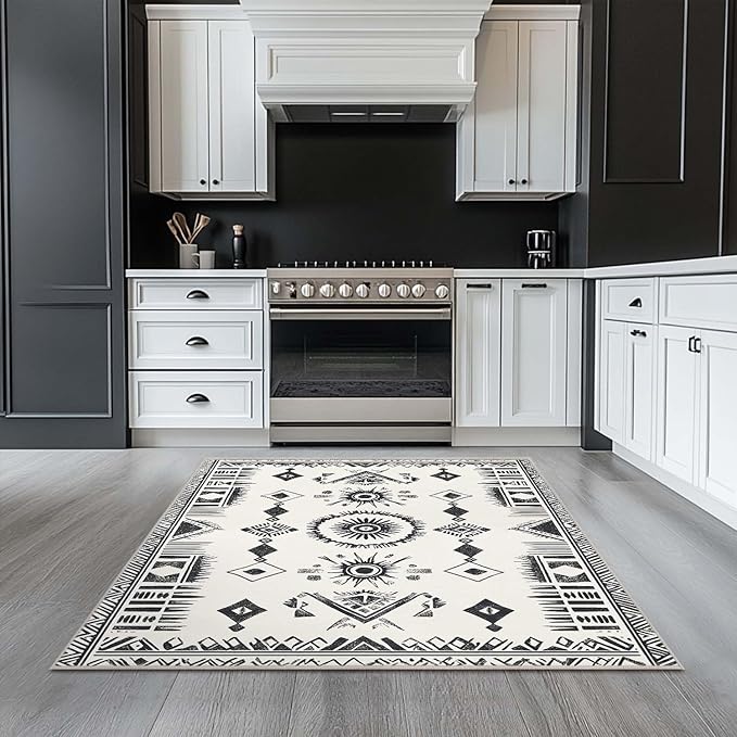 4x6 Western Area Rug Southwestern Tribal Black White Rug Non Slip Low Pile Large Carpet for Home Kitchen Living Room Bedroom Dining Room Office