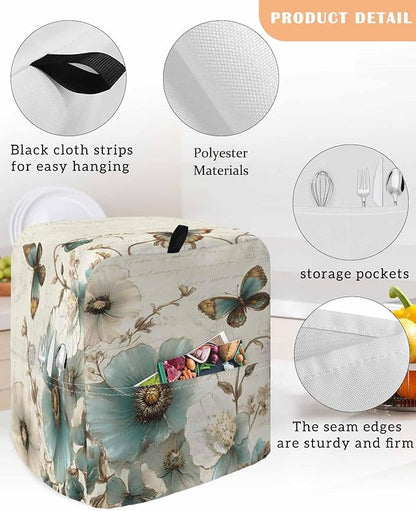 Spring Flowers Stand Mixer Dust Cover with Storage Pocket & Handles, Fits All Tilt Head & Bowl Lift Botanical Butterfly Kitchen Appliance Cover Organizer Vintage Farmhouse Bag Accessories, 6-8 Quart