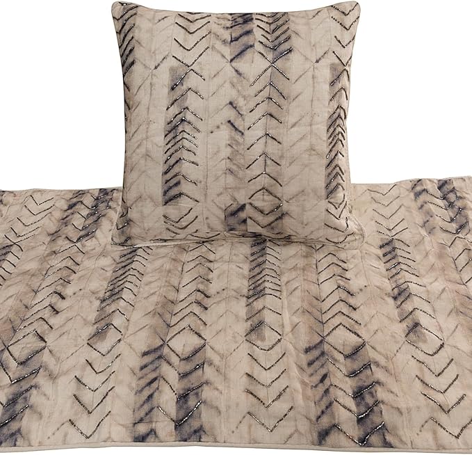The HomeCentric King Queen Twin Grey Designer Twin 53"x18" Bed Runner with 2 Pillow Cover, Tie & Dye Beaded Bed Scarf on Cotton Fabric - Tie Dye Chevy
