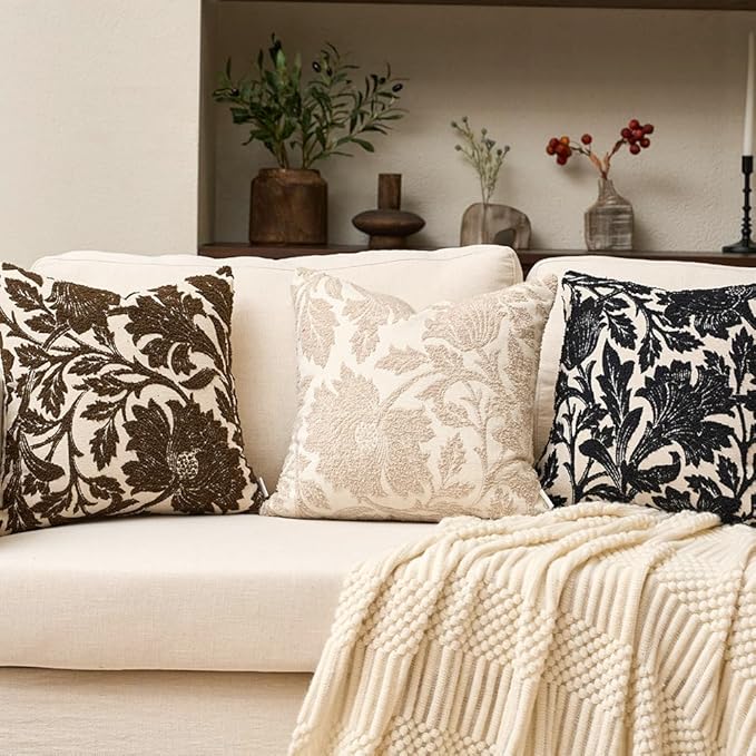 Yangest Chenille Floral Pillow Cover 18 x18 Inches, Neutral Jacquard Square Throw Pillow Cover Soft Decorative Nature Accent Couch Pillow Cover for Living Room Bedroom, Black