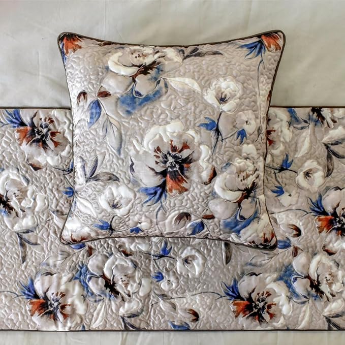 The HomeCentric King/Queen/Twin Ivory Luxury Twin 53"x18" Bed Runner with Two Pillow Cover, Floral, Quilted Bed Scarf on Satin Fabric - Floral Harmony