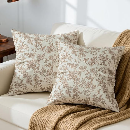 Brown Floral Pillow Cover 18x 18 Set of 2, Vintage Block Print Blooming Flower and Bird Decorative Linen Pillow Cushion Case,Modern Home Decor for Outdoor Couch Bedroom Car