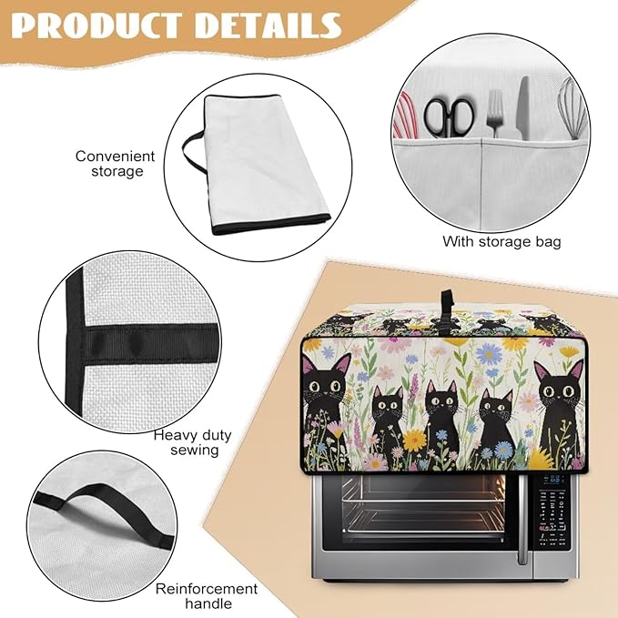 Countertop Microwave Oven Cover with Side Pockets, Dust Protection Small Appliance Toaster Ovens Dust Cover, S, 14.5 x 18.5 x 9 Inches, Cartoon Black Cat Daisy Flower