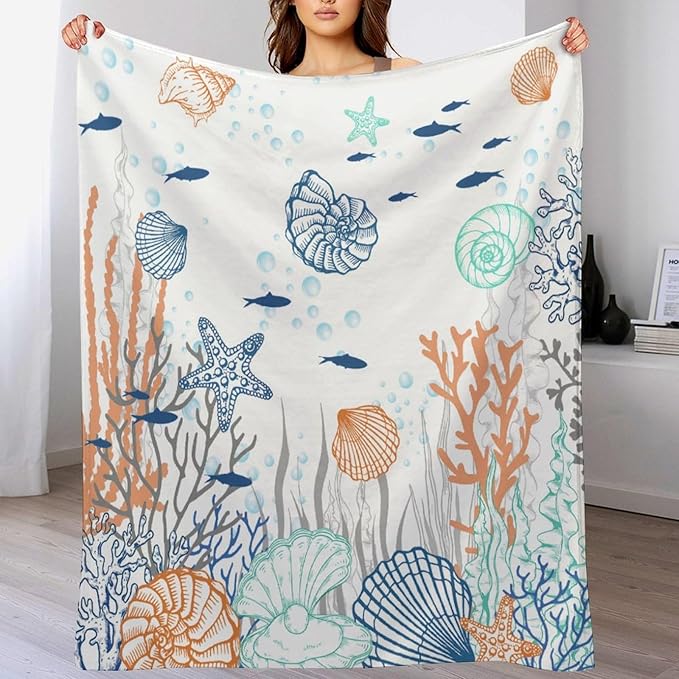 Nautical Coastal Blanket, Starfish Seashell Coral Beach Themed Drapes Ocean Orange Blue Teal Conch Print Throw Blankets for Sofa Couch Bed Room Birthday Decor, 40"x50"