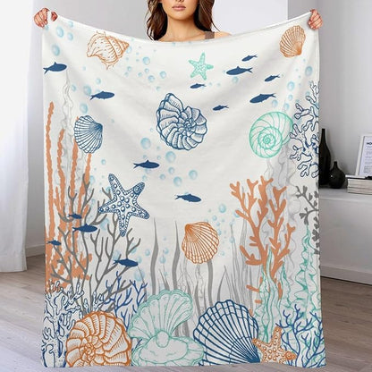 Nautical Coastal Blanket, Starfish Seashell Coral Beach Themed Drapes Ocean Orange Blue Teal Conch Print Throw Blankets for Sofa Couch Bed Room Birthday Decor, 40"x50"