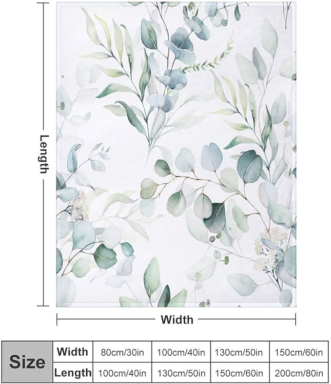 Eucalyptus Leaf Throw Blanket, Watercolor Floral Spring Botanical Green Plants Herb Print Cozy Plush Blanket for Bedroom Living Rooms Sofa Couch, 50"x60"