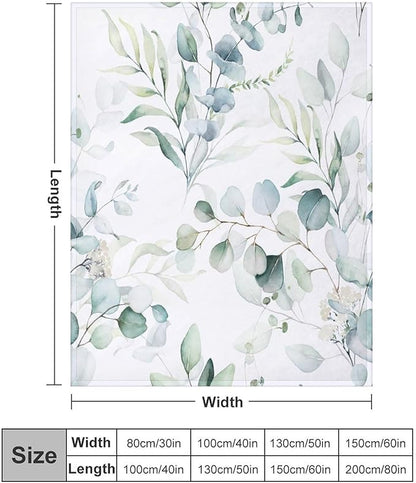 Eucalyptus Leaf Throw Blanket, Watercolor Floral Spring Botanical Green Plants Herb Print Cozy Plush Blanket for Bedroom Living Rooms Sofa Couch, 50"x60"