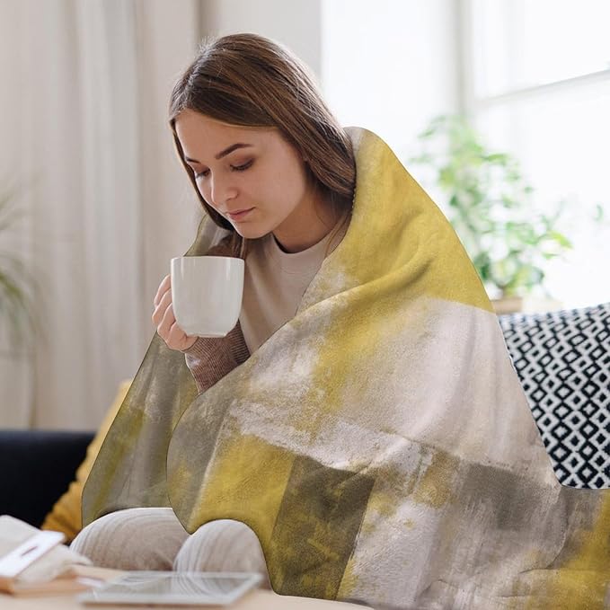 Abstract Gradient Blanket, Modern Fashion Art Yellow Grey Painting Strokes Pattern Soft Warm Cozy Plush Flannel Covers for Livingroom Bedroom Couch Chair Camping Travel Home Decor Tapestry 30x40in