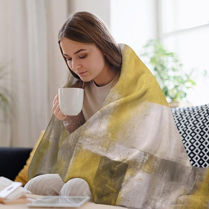 Abstract Gradient Blanket, Modern Fashion Art Yellow Grey Painting Strokes Pattern Soft Warm Cozy Plush Flannel Covers for Livingroom Bedroom Couch Chair Camping Travel Home Decor Tapestry 50x60in