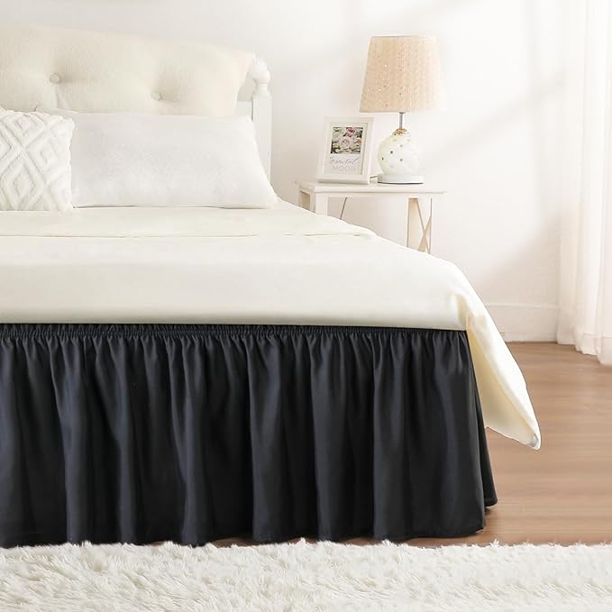 RIMELA Bed Skirt Wrap Around Elastic Dust Ruffles Solid Color Wrinkle and Fade Resistant with Adjustable Elastic Belt Easy to Install Black for Queen Size 18 Inch Drop