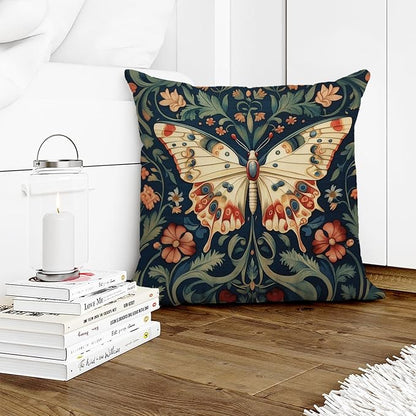 William Morris Abstract Vintage Floral Velvet Butterfly Design Throw Pillow Covers Home Decor, Retro Art Deco Pillowcase Cushion Cover for Bed Sofa Living Room, Square 18x18inch (Beige-Butterfly)