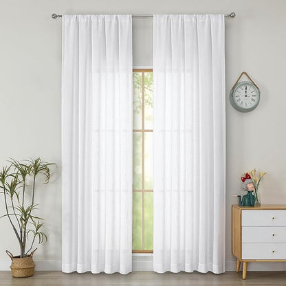 Simplebrand White Faux Linen Textured Semi Sheer Curtains 96 Inches Long 2 Panels Set, Light Filtering Soft Thick Farmhouse Curtains Window Treatment for Bedroom/Living Room/Dining Room, 50 x 96 Inch